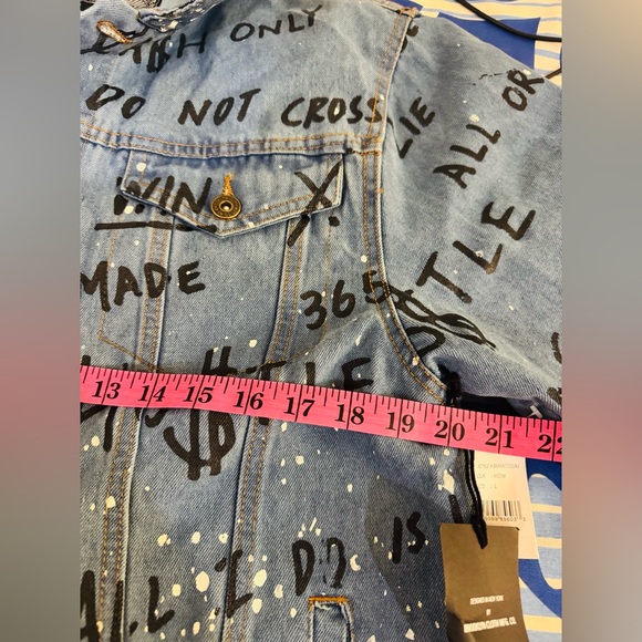 Brooklyn Cloth Blue Denim Jacket Black Graffiti Style text&white paint splatter - Picture 10 of 11